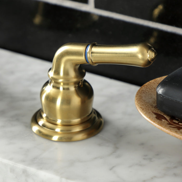 Kingston Tulare KB967SB - Magellan Two-Handle 3-Hole Deck Mount Widespread Bathroom Faucet with Pop-Up Drain, Brushed Brass