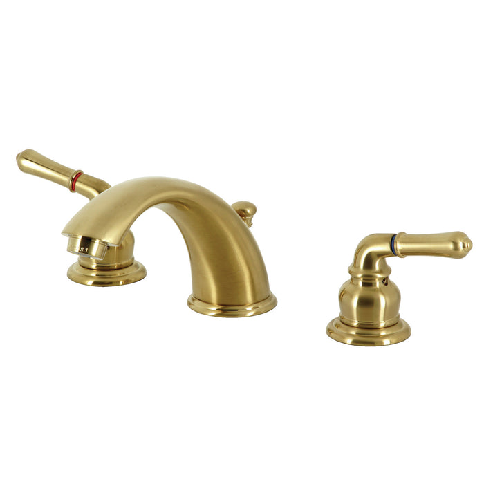 Kingston Tulare KB967SB - Magellan Two-Handle 3-Hole Deck Mount Widespread Bathroom Faucet with Pop-Up Drain, Brushed Brass