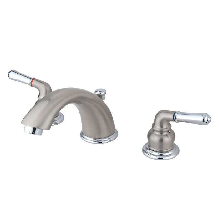 Kingston Tulare KB967 - Magellan Two-Handle 3-Hole Deck Mount Widespread Bathroom Faucet with Pop-Up Drain, Brushed Nickel/Polished Chrome
