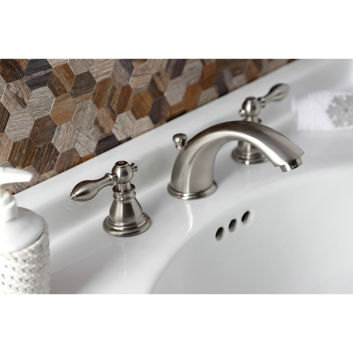 Kingston Tulare KB968ACL - American Classic Two-Handle 3-Hole Deck Mount Widespread Bathroom Faucet with Pop-Up Drain, Brushed Nickel