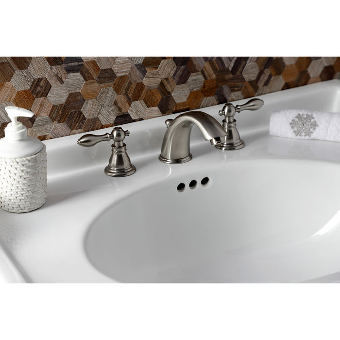 Kingston Tulare KB968ACL - American Classic Two-Handle 3-Hole Deck Mount Widespread Bathroom Faucet with Pop-Up Drain, Brushed Nickel