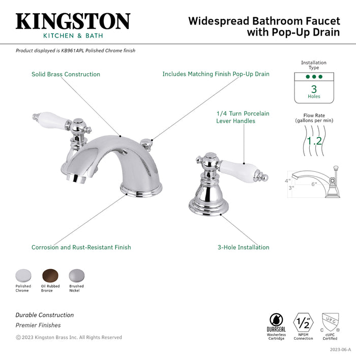 Kingston Tulare KB968APL - American Patriot Two-Handle 3-Hole Deck Mount Widespread Bathroom Faucet with Pop-Up Drain, Brushed Nickel