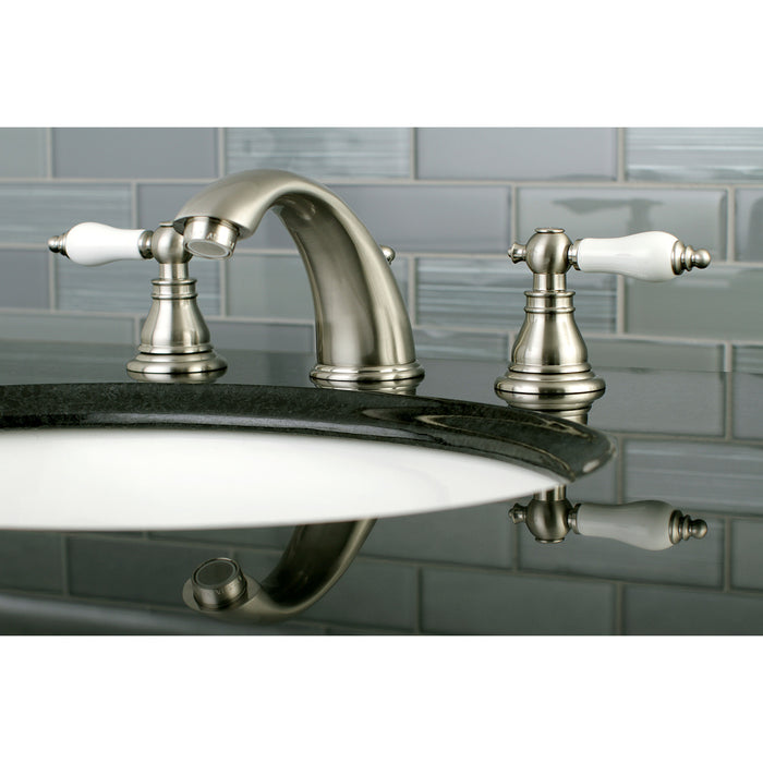 Kingston Tulare KB968APL - American Patriot Two-Handle 3-Hole Deck Mount Widespread Bathroom Faucet with Pop-Up Drain, Brushed Nickel
