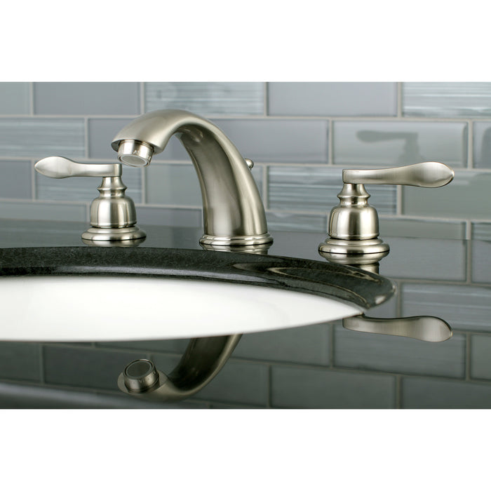 Kingston Tulare KB968NFL - NuWave French Two-Handle 3-Hole Deck Mount Widespread Bathroom Faucet with Pop-Up Drain, Brushed Nickel