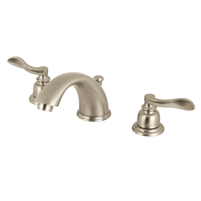 Kingston Tulare KB968NFL - NuWave French Two-Handle 3-Hole Deck Mount Widespread Bathroom Faucet with Pop-Up Drain, Brushed Nickel
