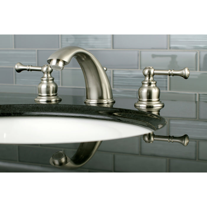 Kingston Tulare KB968NL - Naples Two-Handle 3-Hole Deck Mount Widespread Bathroom Faucet with Pop-Up Drain, Brushed Nickel