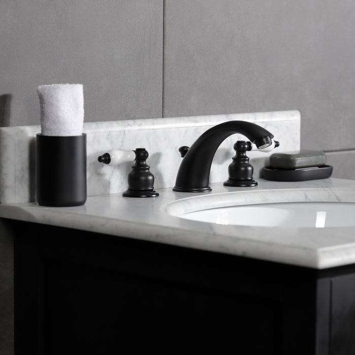 Kingston Heirloom KB970B - Victorian Two-Handle 3-Hole Deck Mount Widespread Bathroom Faucet with Pop-Up Drain, Matte Black