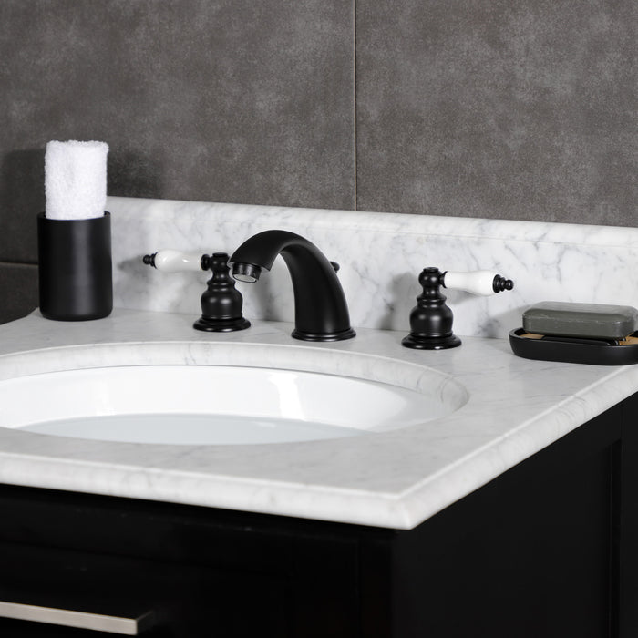 Kingston Heirloom KB970B - Victorian Two-Handle 3-Hole Deck Mount Widespread Bathroom Faucet with Pop-Up Drain, Matte Black