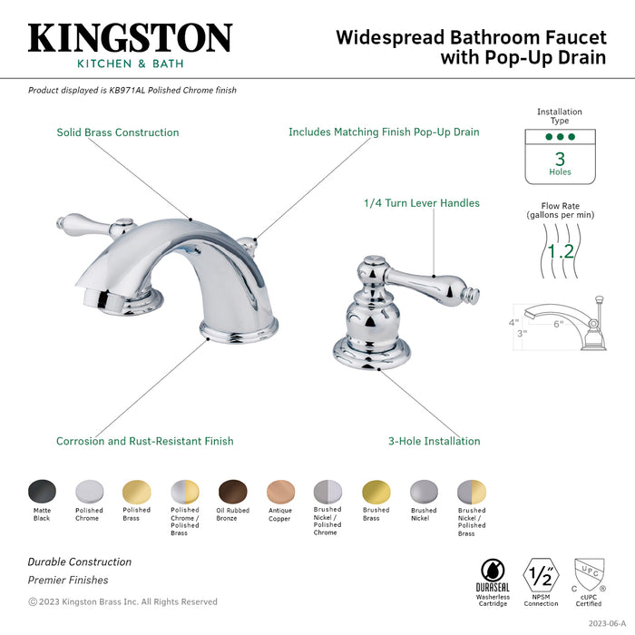 Kingston Heirloom KB971AL - Victorian Two-Handle 3-Hole Deck Mount Widespread Bathroom Faucet with Pop-Up Drain, Polished Chrome