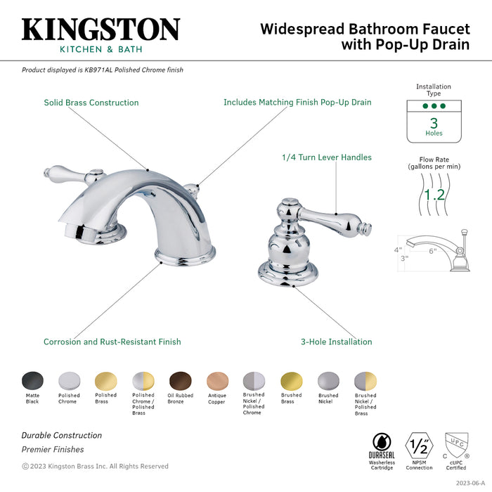 Victorian KB971AL Two-Handle 3-Hole Deck Mount Widespread Bathroom Faucet with Plastic Pop-Up, Polished Chrome