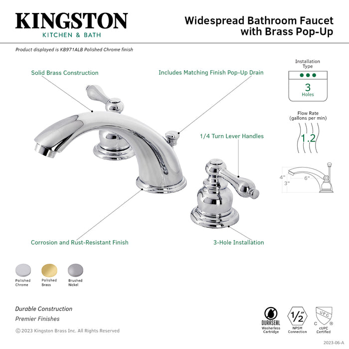 Kingston Heirloom KB971ALB - Victorian Two-Handle 3-Hole Deck Mount Widespread Bathroom Faucet with Brass Pop-Up, Polished Chrome