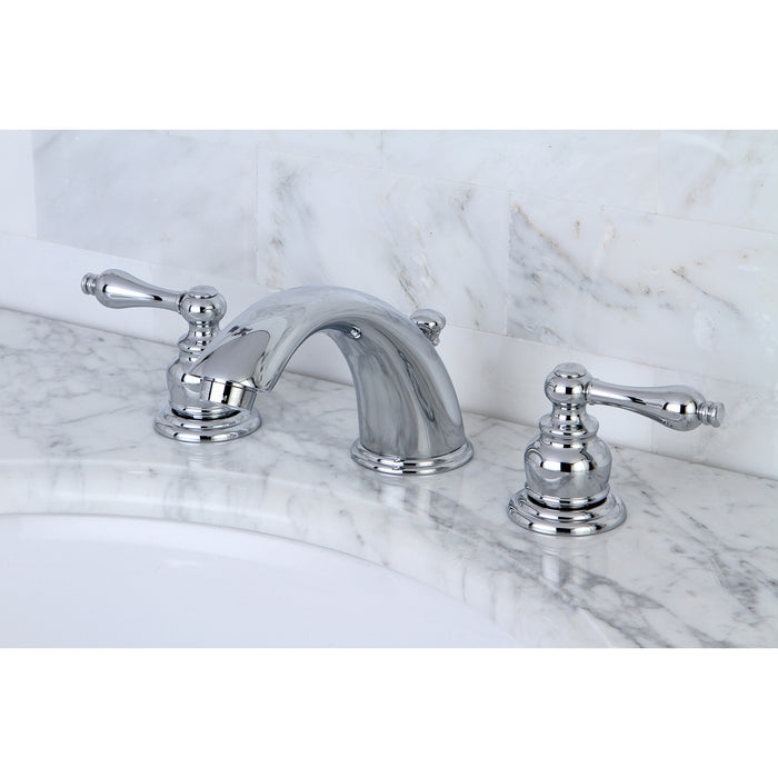Kingston Heirloom KB971ALB - Victorian Two-Handle 3-Hole Deck Mount Widespread Bathroom Faucet with Brass Pop-Up, Polished Chrome