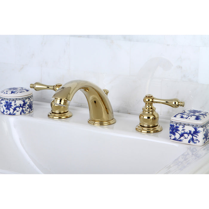 Kingston Heirloom KB972ALB - Victorian Two-Handle 3-Hole Deck Mount Widespread Bathroom Faucet with Brass Pop-Up, Polished Brass