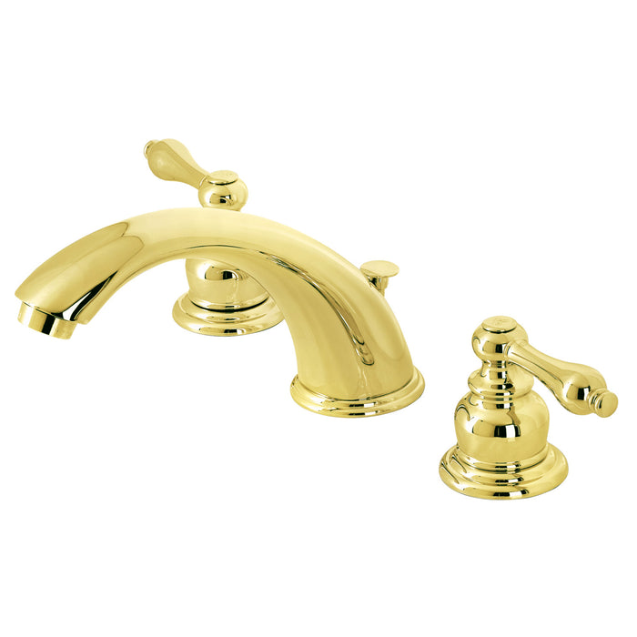 Kingston Heirloom KB972ALB - Victorian Two-Handle 3-Hole Deck Mount Widespread Bathroom Faucet with Brass Pop-Up, Polished Brass