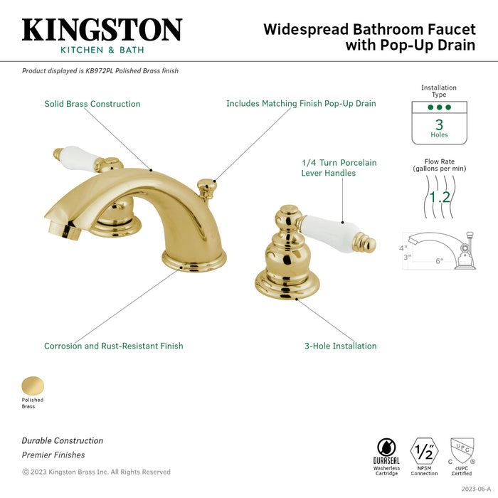 Kingston Heirloom KB972PL - Victorian Two-Handle 3-Hole Deck Mount Widespread Bathroom Faucet with Pop-Up Drain, Polished Brass