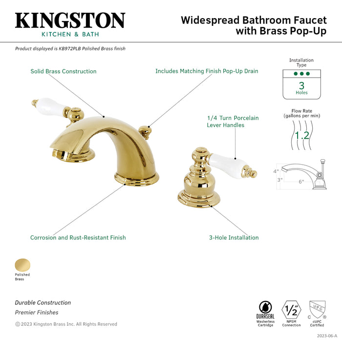 Kingston Heirloom KB972PLB - Victorian Two-Handle 3-Hole Deck Mount Widespread Bathroom Faucet with Brass Pop-Up, Polished Brass