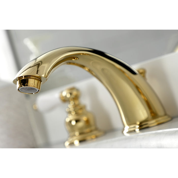 Kingston Heirloom KB972PLB - Victorian Two-Handle 3-Hole Deck Mount Widespread Bathroom Faucet with Brass Pop-Up, Polished Brass