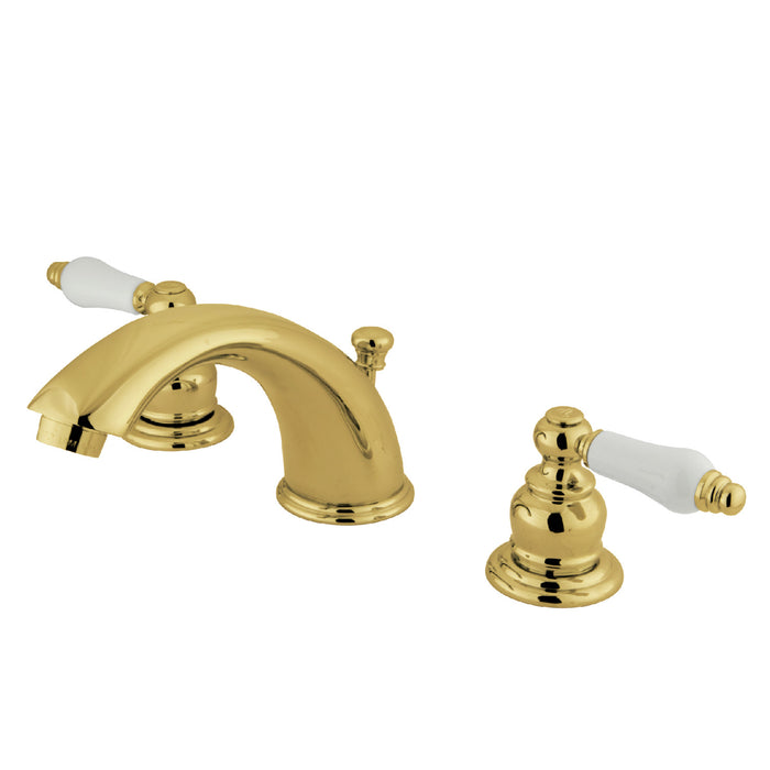 Victorian KB972PL Two-Handle 3-Hole Deck Mount Widespread Bathroom Faucet with Plastic Pop-Up, Polished Brass