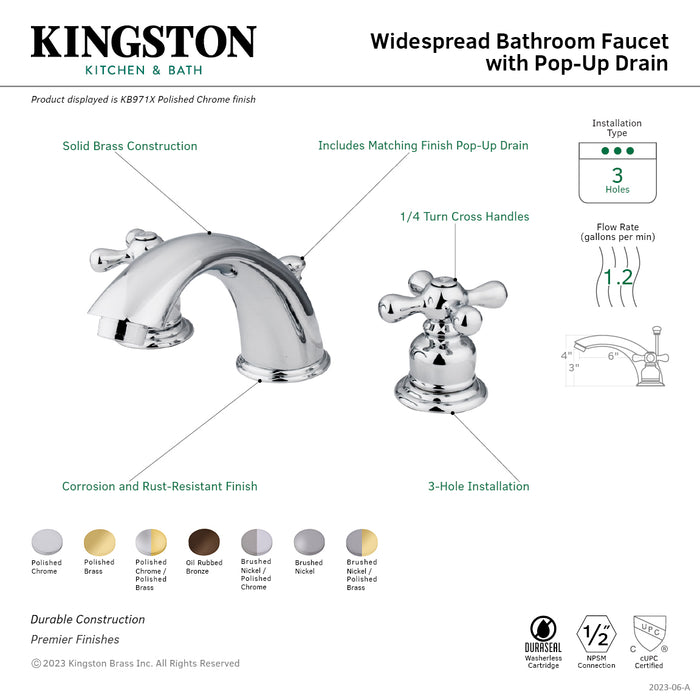 Victorian KB972X Two-Handle 3-Hole Deck Mount Widespread Bathroom Faucet with Plastic Pop-Up, Polished Brass