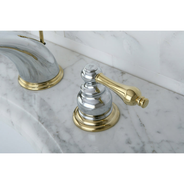 Kingston Heirloom KB974AL - Victorian Two-Handle 3-Hole Deck Mount Widespread Bathroom Faucet with Pop-Up Drain, Polished Chrome/Polished Brass
