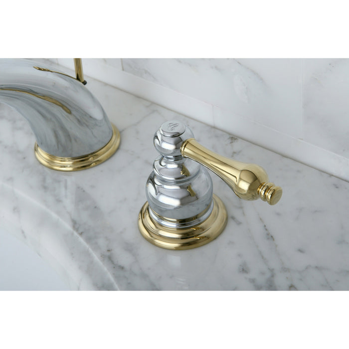 Victorian KB974AL Two-Handle 3-Hole Deck Mount Widespread Bathroom Faucet with Plastic Pop-Up, Polished Chrome/Polished Brass