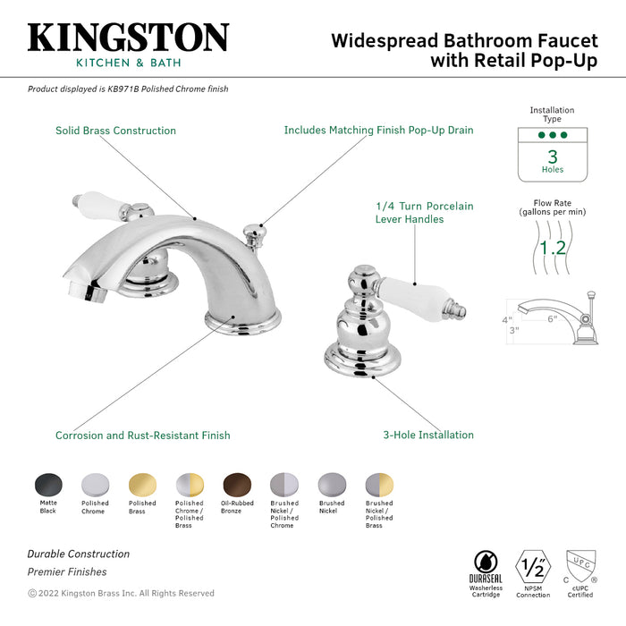 Kingston Heirloom KB974B - Victorian Two-Handle 3-Hole Deck Mount Widespread Bathroom Faucet with Pop-Up Drain, Polished Chrome/Polished Brass