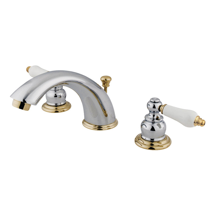 Kingston Heirloom KB974B - Victorian Two-Handle 3-Hole Deck Mount Widespread Bathroom Faucet with Pop-Up Drain, Polished Chrome/Polished Brass