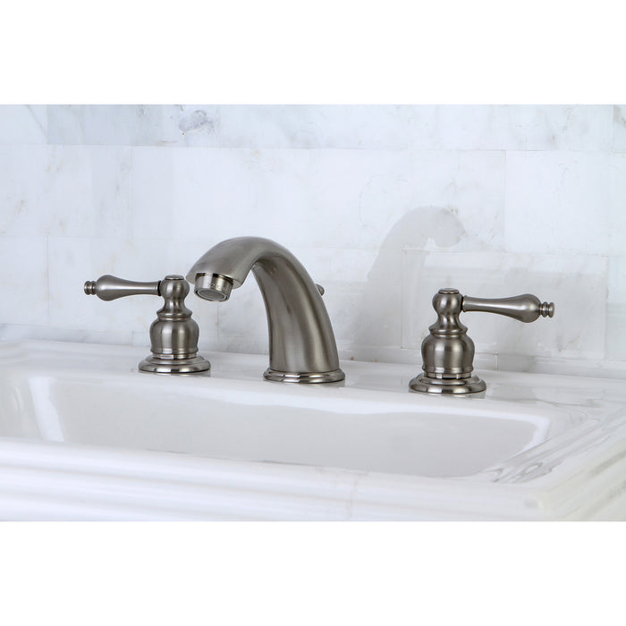 Kingston Heirloom KB978ALB - Victorian Two-Handle 3-Hole Deck Mount Widespread Bathroom Faucet with Brass Pop-Up, Brushed Nickel