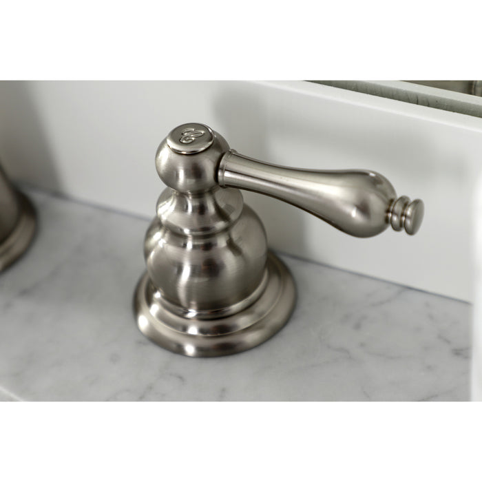 Kingston Heirloom KB978ALB - Victorian Two-Handle 3-Hole Deck Mount Widespread Bathroom Faucet with Brass Pop-Up, Brushed Nickel