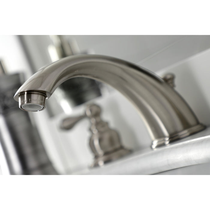 Kingston Heirloom KB978ALB - Victorian Two-Handle 3-Hole Deck Mount Widespread Bathroom Faucet with Brass Pop-Up, Brushed Nickel