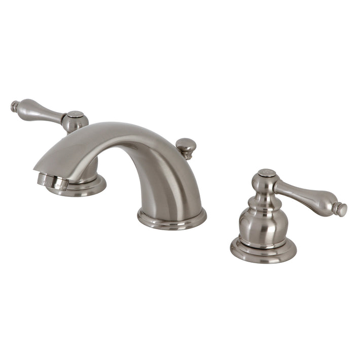 Kingston Heirloom KB978ALB - Victorian Two-Handle 3-Hole Deck Mount Widespread Bathroom Faucet with Brass Pop-Up, Brushed Nickel