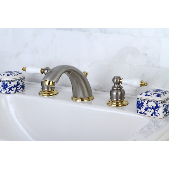 Kingston Heirloom KB979B - Victorian Two-Handle 3-Hole Deck Mount Widespread Bathroom Faucet with Pop-Up Drain, Brushed Nickel/Polished Brass