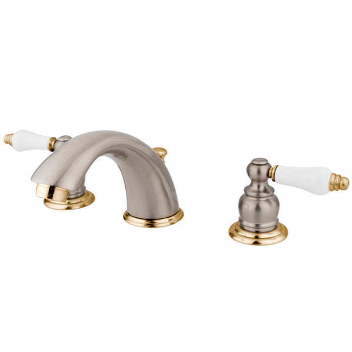 Kingston Heirloom KB979B - Victorian Two-Handle 3-Hole Deck Mount Widespread Bathroom Faucet with Pop-Up Drain, Brushed Nickel/Polished Brass