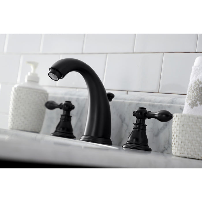 Kingston Tulare KB980ACL - American Classic Two-Handle 3-Hole Deck Mount Widespread Bathroom Faucet with Pop-Up Drain, Matte Black