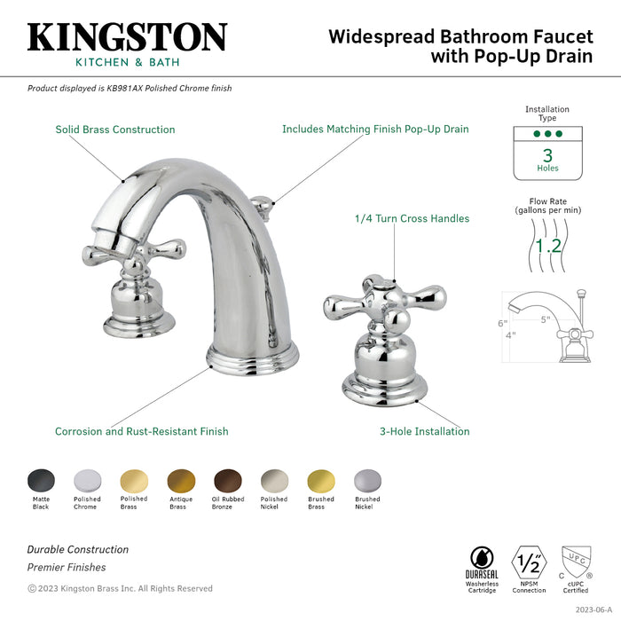 Victorian KB980AX Two-Handle 3-Hole Deck Mount Widespread Bathroom Faucet with Plastic Pop-Up, Matte Black