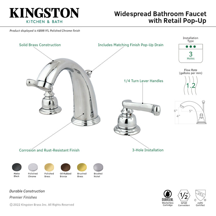 Kingston Tulare KB980FL - Royale Two-Handle 3-Hole Deck Mount Widespread Bathroom Faucet with Pop-Up Drain, Matte Black