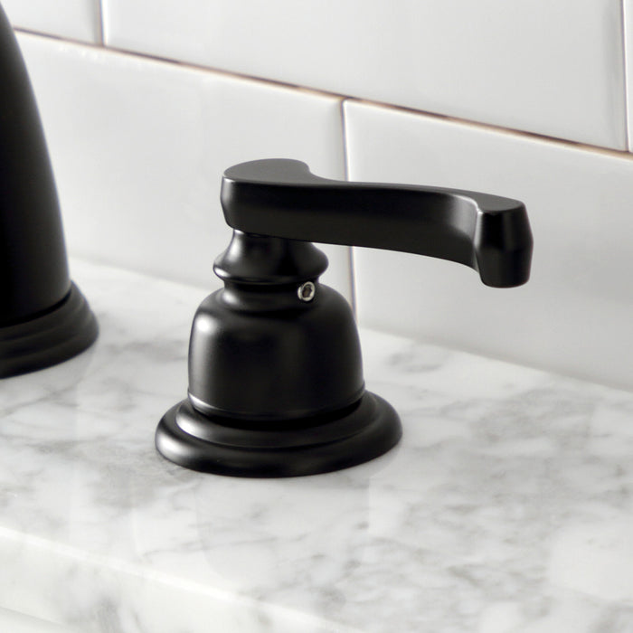 Kingston Tulare KB980FL - Royale Two-Handle 3-Hole Deck Mount Widespread Bathroom Faucet with Pop-Up Drain, Matte Black