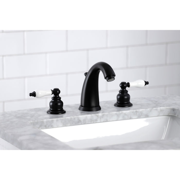 Kingston Heirloom KB980PL - Victorian Two-Handle 3-Hole Deck Mount Widespread Bathroom Faucet with Pop-Up Drain, Matte Black