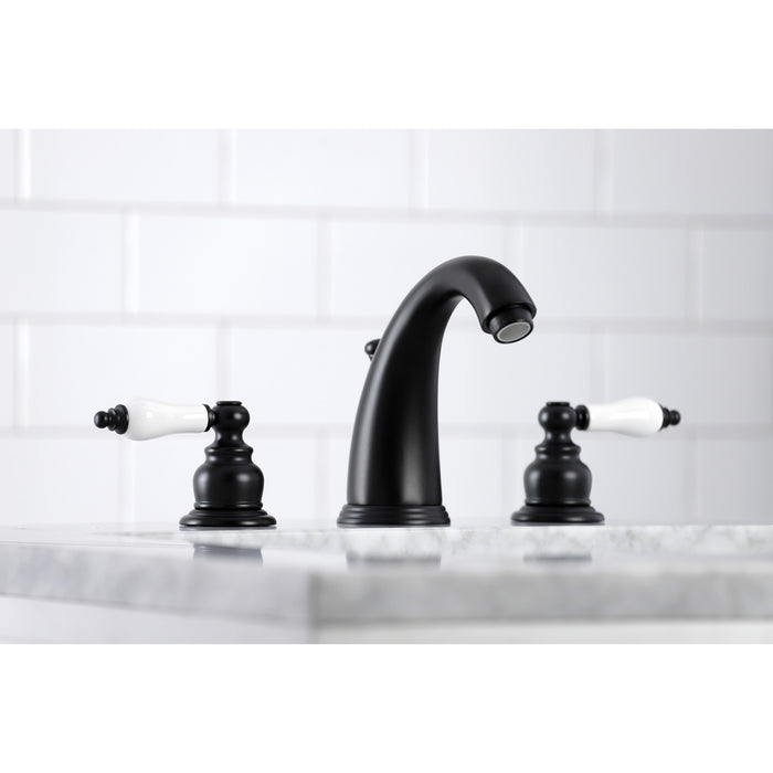 Kingston Heirloom KB980PL - Victorian Two-Handle 3-Hole Deck Mount Widespread Bathroom Faucet with Pop-Up Drain, Matte Black