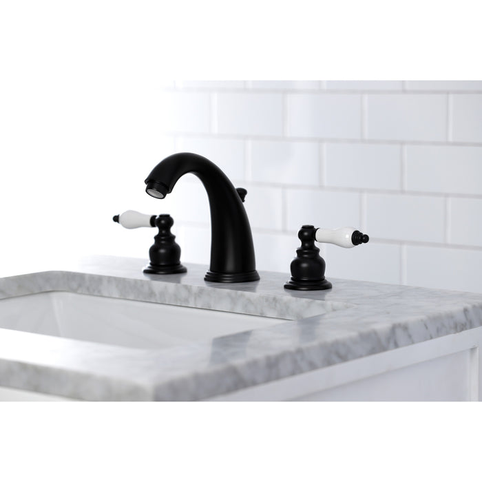 Kingston Heirloom KB980PL - Victorian Two-Handle 3-Hole Deck Mount Widespread Bathroom Faucet with Pop-Up Drain, Matte Black