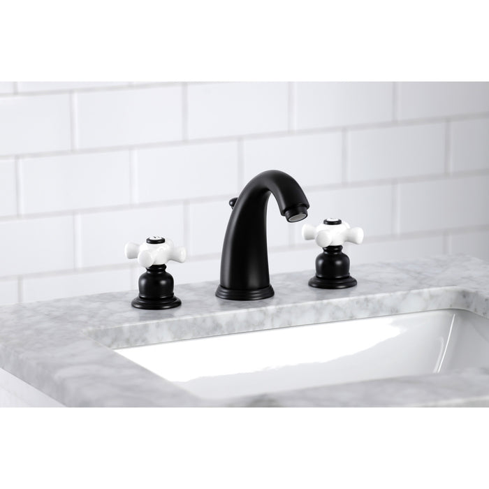 Victorian KB980PX Two-Handle 3-Hole Deck Mount Widespread Bathroom Faucet with Plastic Pop-Up, Matte Black