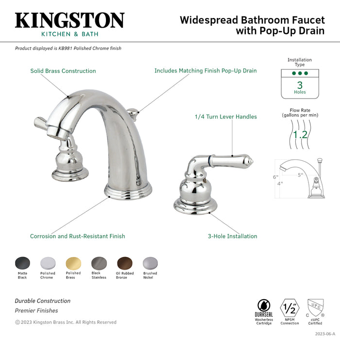 Kingston Tulare KB981 - Magellan Two-Handle 3-Hole Deck Mount Widespread Bathroom Faucet with Pop-Up Drain, Polished Chrome