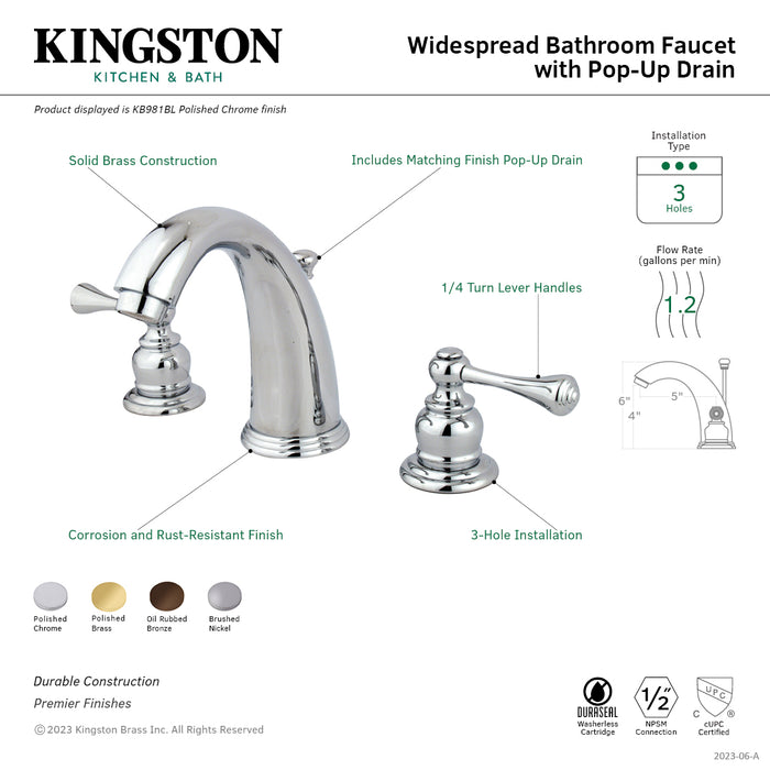Victorian KB981BL Two-Handle 3-Hole Deck Mount Widespread Bathroom Faucet with Plastic Pop-Up, Polished Chrome