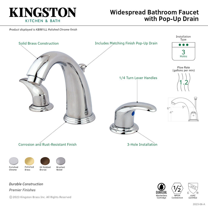 Kingston Tulare KB981LL - Magellan Two-Handle 3-Hole Deck Mount Widespread Bathroom Faucet with Pop-Up Drain, Polished Chrome