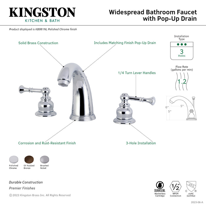 Naples KB981NL Two-Handle 3-Hole Deck Mount Widespread Bathroom Faucet with Plastic Pop-Up, Polished Chrome