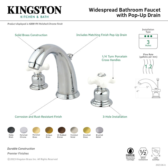 Victorian KB981PX Two-Handle 3-Hole Deck Mount Widespread Bathroom Faucet with Plastic Pop-Up, Polished Chrome