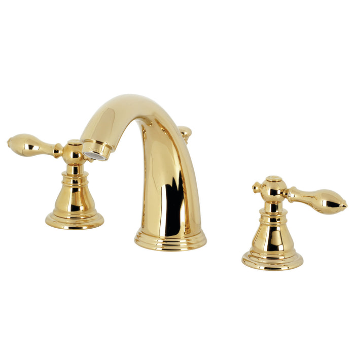 Kingston Tulare KB982ACL - American Classic Two-Handle 3-Hole Deck Mount Widespread Bathroom Faucet with Pop-Up Drain, Polished Brass