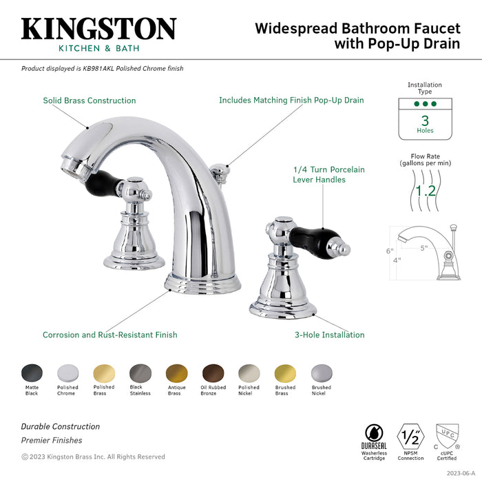 Kingston Heirloom KB982AKL - Duchess Two-Handle 3-Hole Deck Mount Widespread Bathroom Faucet with Pop-Up Drain, Polished Brass