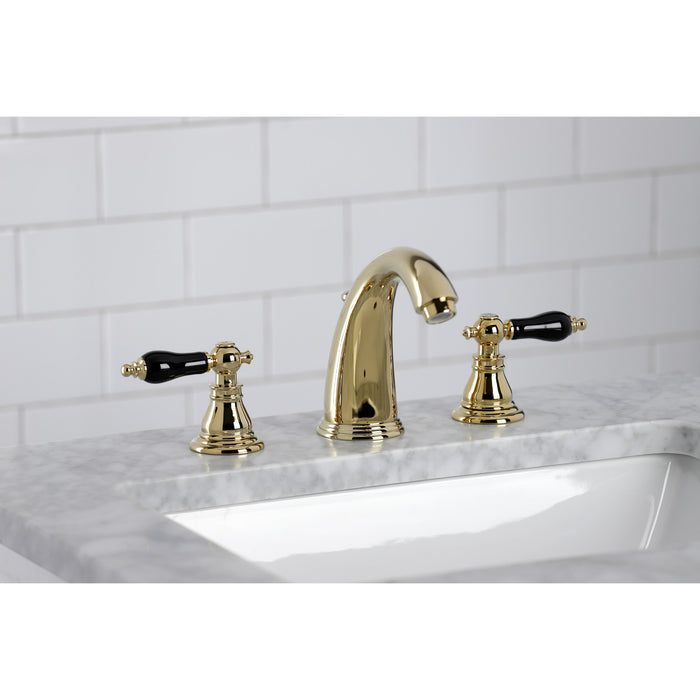 Kingston Heirloom KB982AKL - Duchess Two-Handle 3-Hole Deck Mount Widespread Bathroom Faucet with Pop-Up Drain, Polished Brass