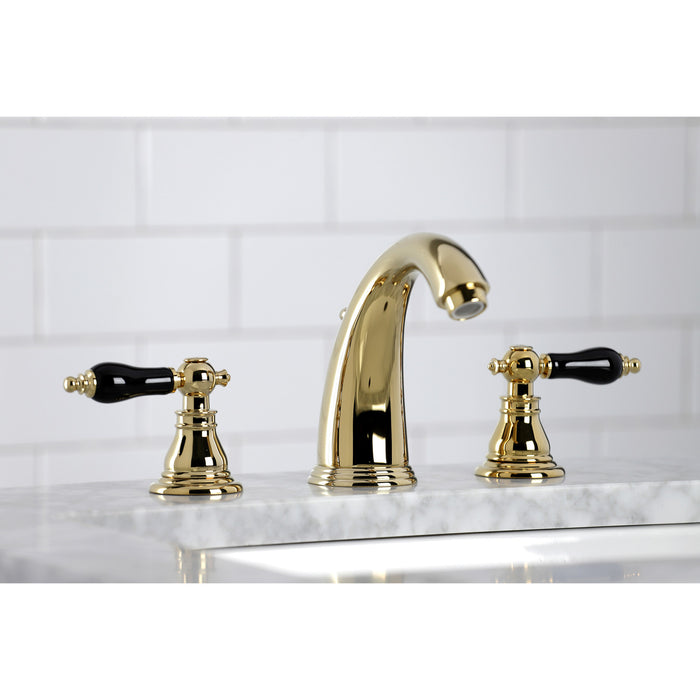 Kingston Heirloom KB982AKL - Duchess Two-Handle 3-Hole Deck Mount Widespread Bathroom Faucet with Pop-Up Drain, Polished Brass